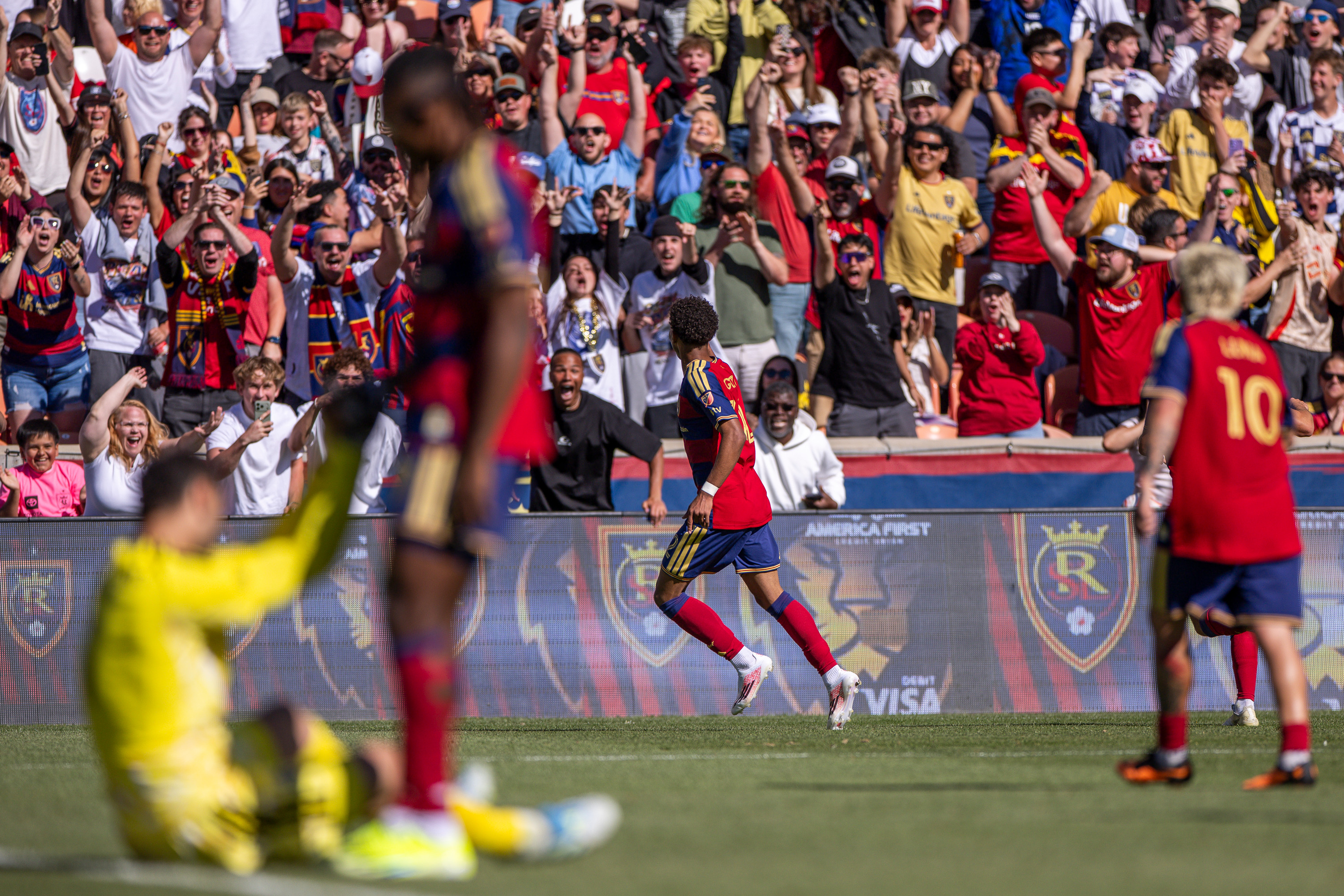 Real Salt Lake midfielder Zavier Gozo (72) celebrates after scoring during the second half of an MLS game against Sporting Kansas City at America First Field in Sandy on Saturday, April 4, 2026.