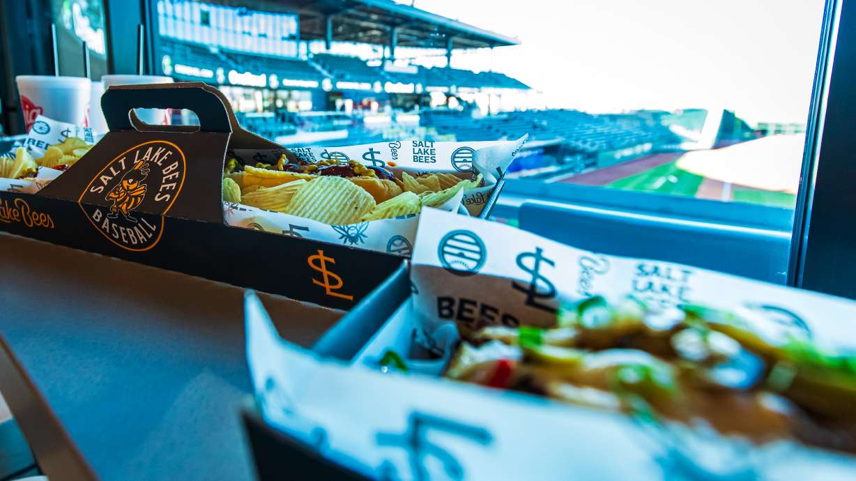New Salt Lake Bees food items are displayed before a game at The Ballpark at America First Square in South Jordan on Friday. The team unleashed several new food items this year, amid a ballpark arms race across the nation.