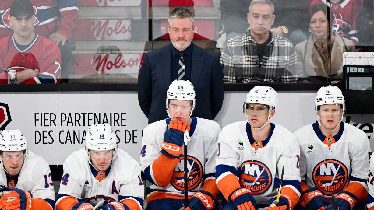 New York Islanders head coach Patrick Roy looks on from the bench during the first period of an NHL hockey game against the Montreal Canadiens in Montreal, Saturday, March 21, 2026.