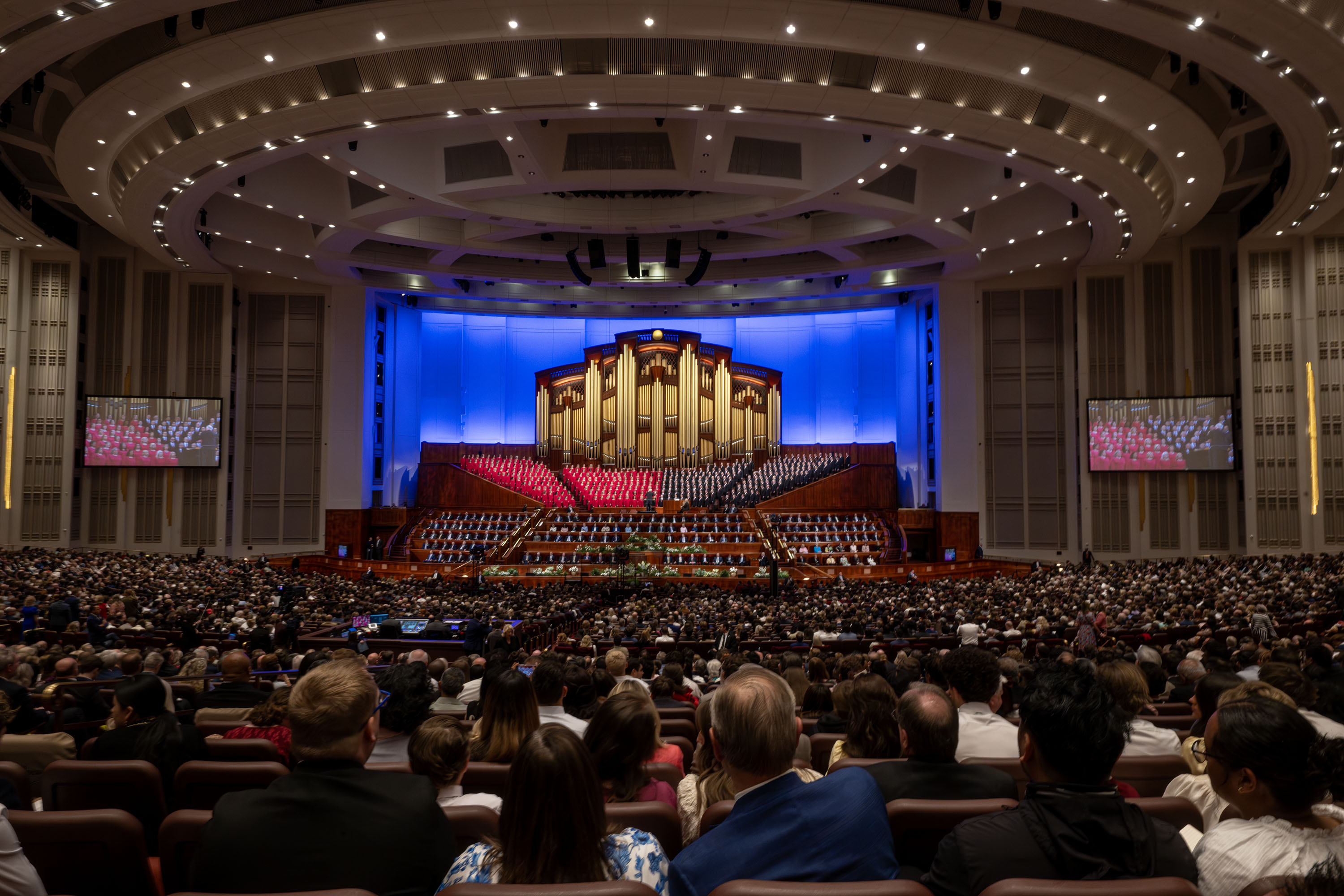 The Tabernacle Choir at Temple Square sings during the Sunday morning session of the 196th Annual General Conference of The Church of Jesus Christ of Latter-day Saints at the Conference Center in Salt Lake City on April 5, 2026.