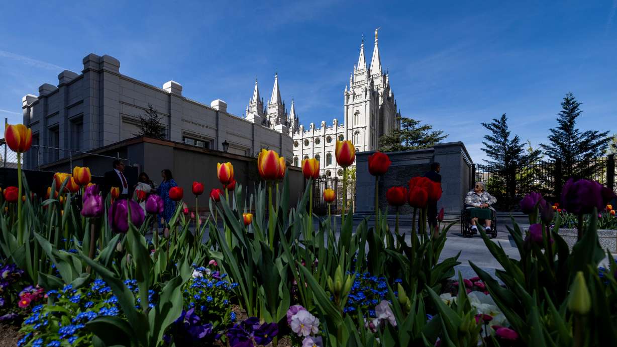 A bed of flowers in front of the Salt Lake Temple during the 196th Annual General Conference of The Church of Jesus Christ of Latter-day Saints held at the Conference Center in Salt Lake City on Sunday.