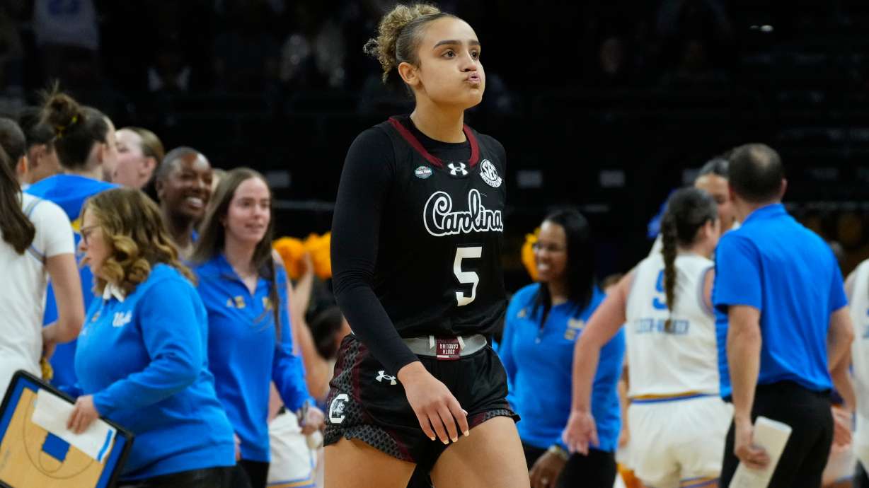 South Carolina guard Tessa Johnson (5) reacts after a play against UCLA during the second half of the women's National Championship Final Four NCAA college basketball tournament game, Sunday, April 5, 2026, in Phoenix.