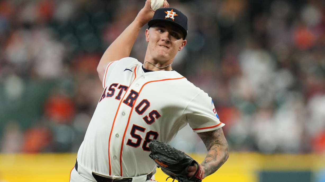Houston Astros starting pitcher Hunter Brown delivers during the first inning of a baseball game against the Boston Red Sox in Houston, Tuesday, March 31, 2026.