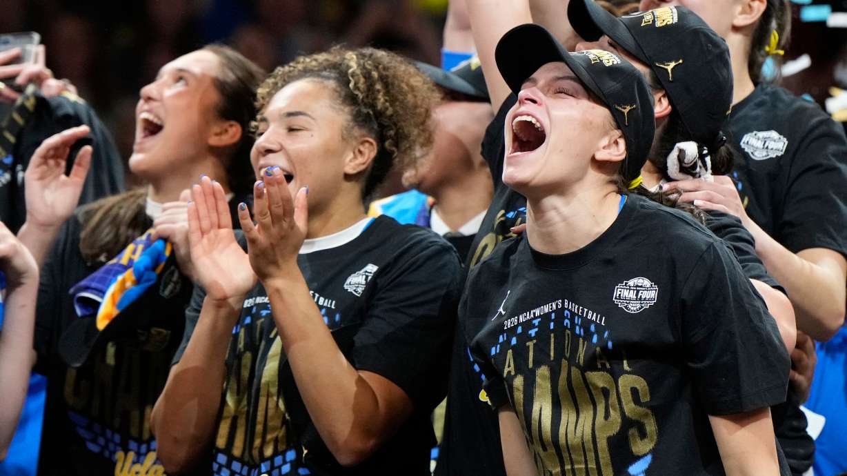 UCLA guard Gabriela Jaquez (11) celebrates with teammates after UCLA defeated South Carolina in the women's National Championship Final Four NCAA college basketball tournament game, Sunday, April 5, 2026, in Phoenix.