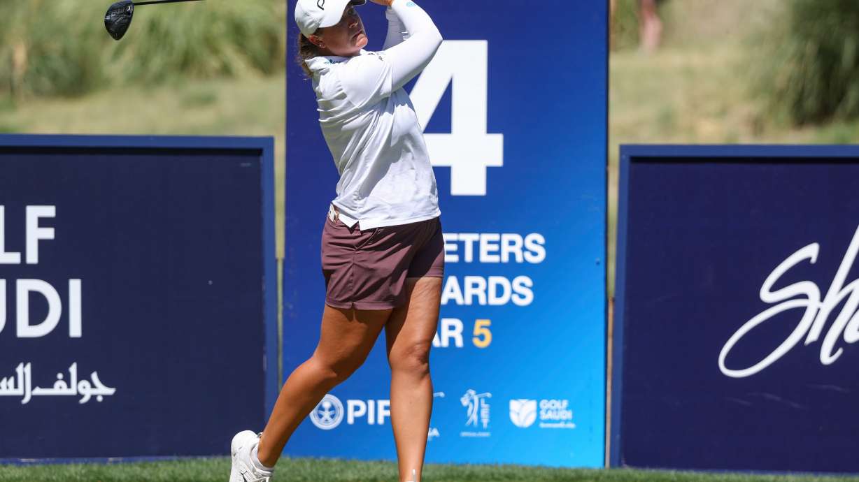 Lauren Coughlin hits a tee shot on the fourth hole during the final round of the Aramco Championship golf tournament Sunday, April 5, 2026, in North Las Vegas, Nev.