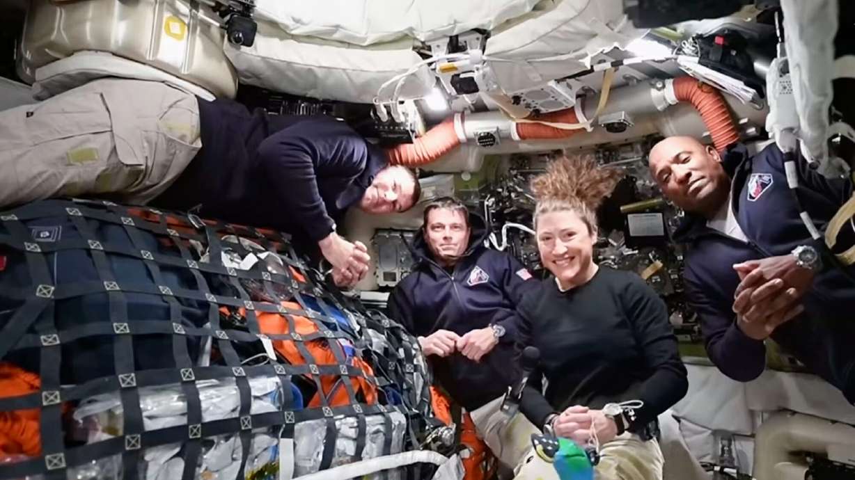 This image from video provided by NASA shows the Artemis II crew, from left, Canadian astronaut and mission specialist Jeremy Hansen, Commander Reid Wiseman, mission specialist Christina Koch and pilot Victor Glover on Thursday.