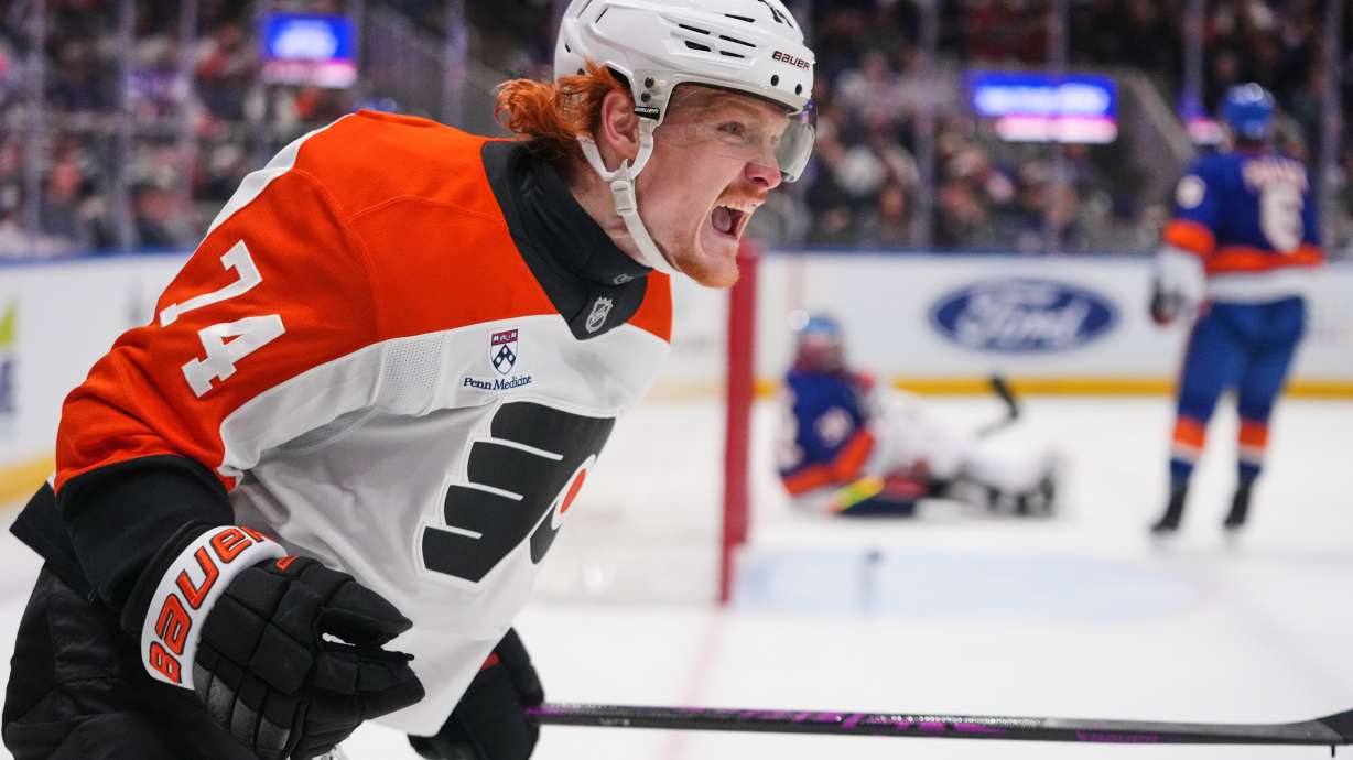 Philadelphia Flyers' Owen Tippett (74) celebrates after scoring a goal during the first period of an NHL hockey game against the New York Islanders Friday, April 3, 2026, in Elmont, N.Y.