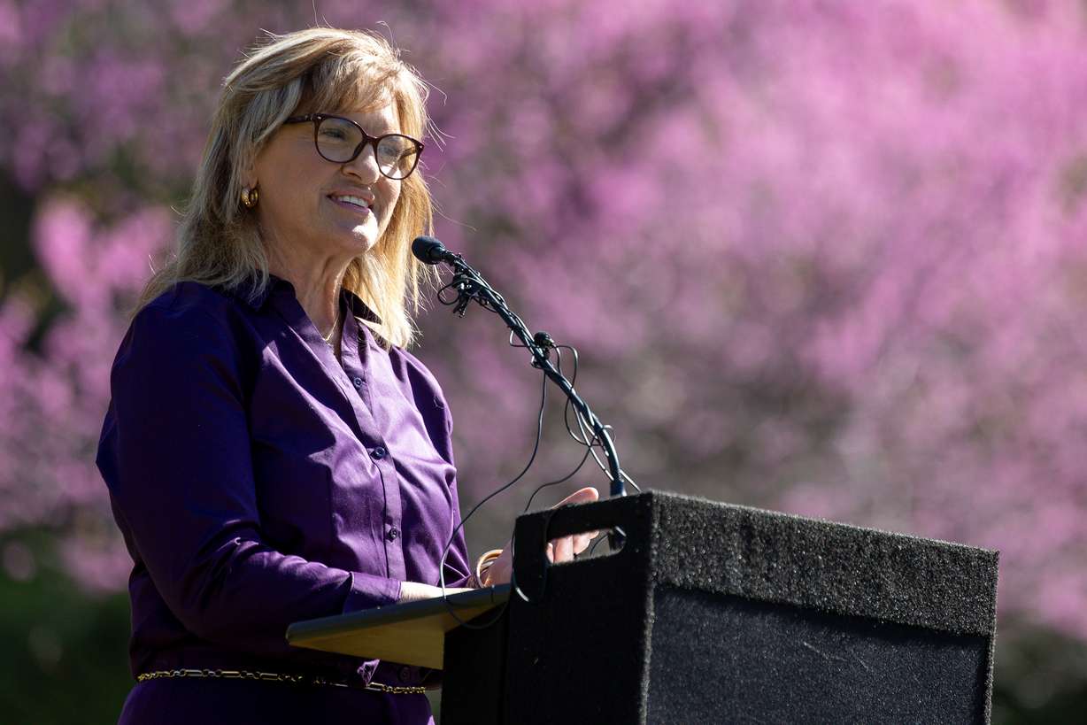 Sandy Mayor Monica Zoltanski speaks during a press conference announcing the release of new water shares for the Great Salt Lake at Memory Grove Park in Salt Lake City on Monday.