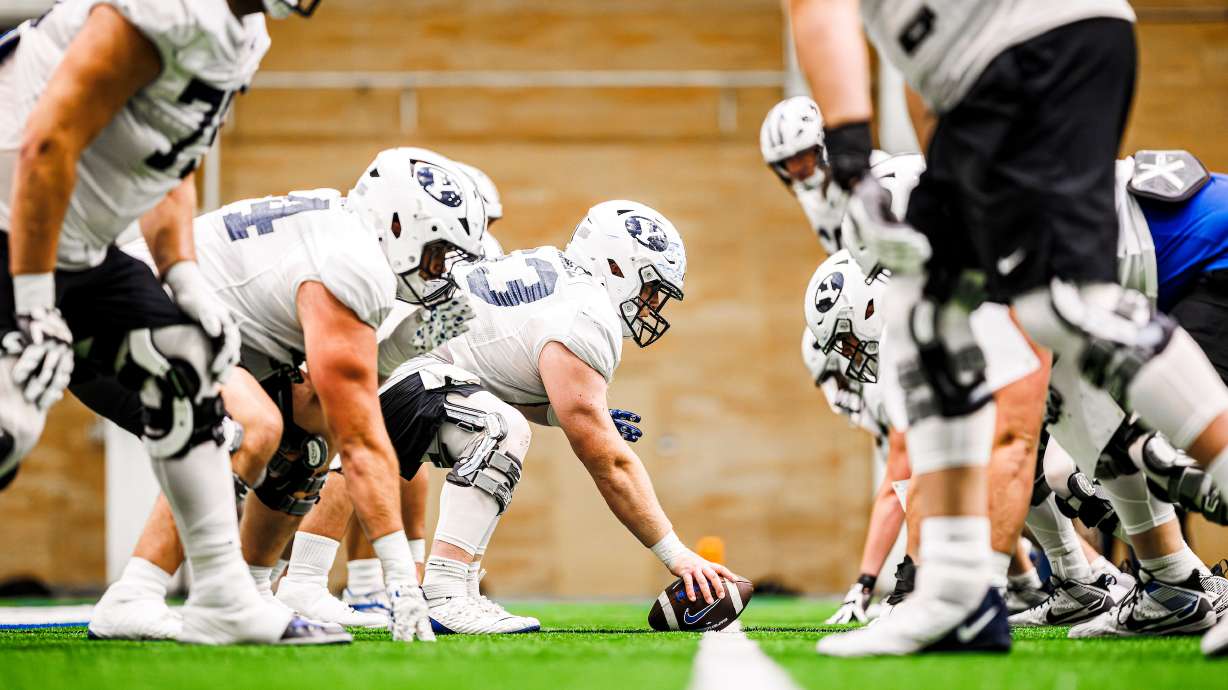 BYU's offensive line in one of the Cougars' final spring practices, April 2, 2026 at the indoor practice facility in Provo, Utah.