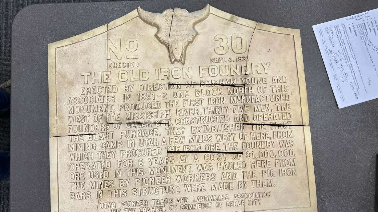 The Iron Foundry Marker in Cedar City, erected in 1851, is being restored after it was destroyed in a move and pieces scattered.