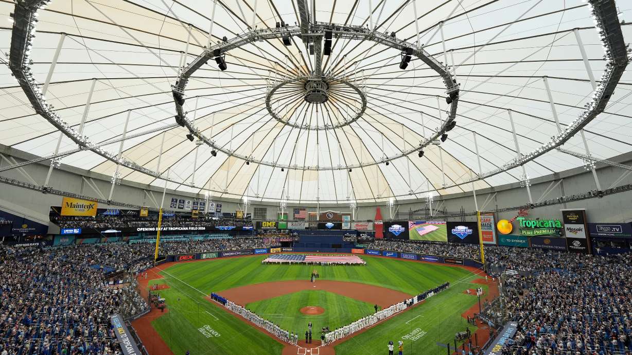 Players from the Chicago Cubs and Tampa Bay Rays are introduced before a baseball game Monday, April 6, 2026, in St. Petersburg, Fla.