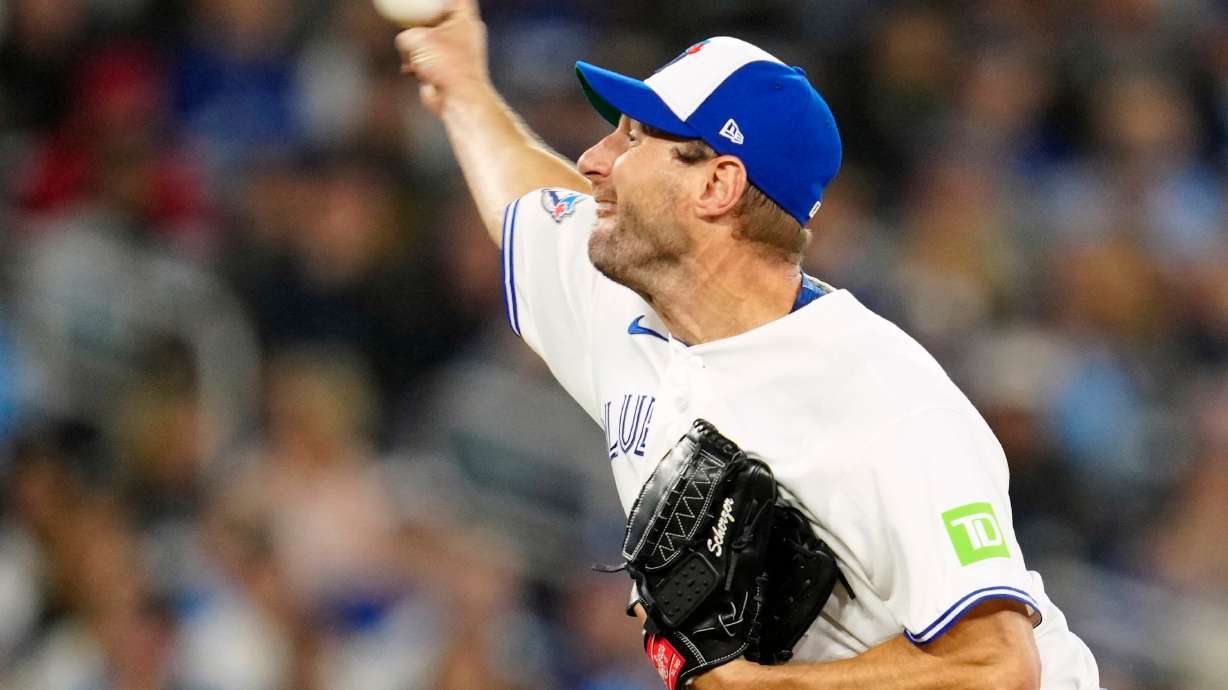 Toronto Blue Jays pitcher Max Scherzer works against the Los Angeles Dodgers during first-inning baseball game action in Toronto on Monday, April 6, 2026.