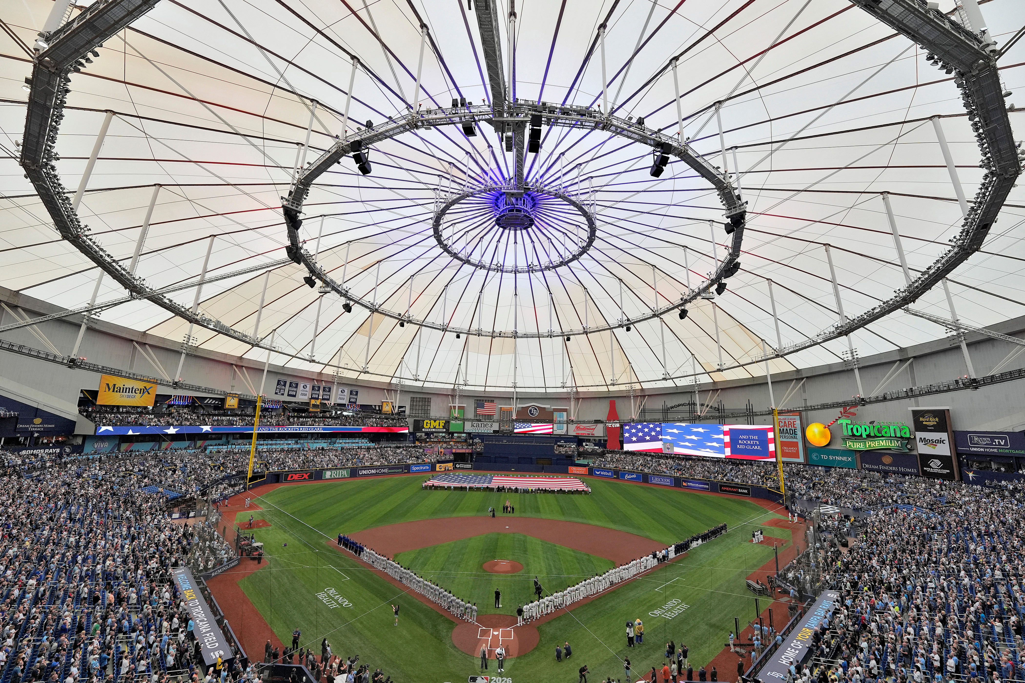 Country musician Eric Church sings the National Anthem before a baseball game between the Tampa Bay Rays and the Chicago Cubs Monday, April 6, 2026, in St. Petersburg, Fla. 