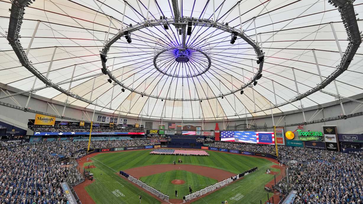 Country musician Eric Church sings the National Anthem before a baseball game between the Tampa Bay Rays and the Chicago Cubs Monday, April 6, 2026, in St. Petersburg, Fla.