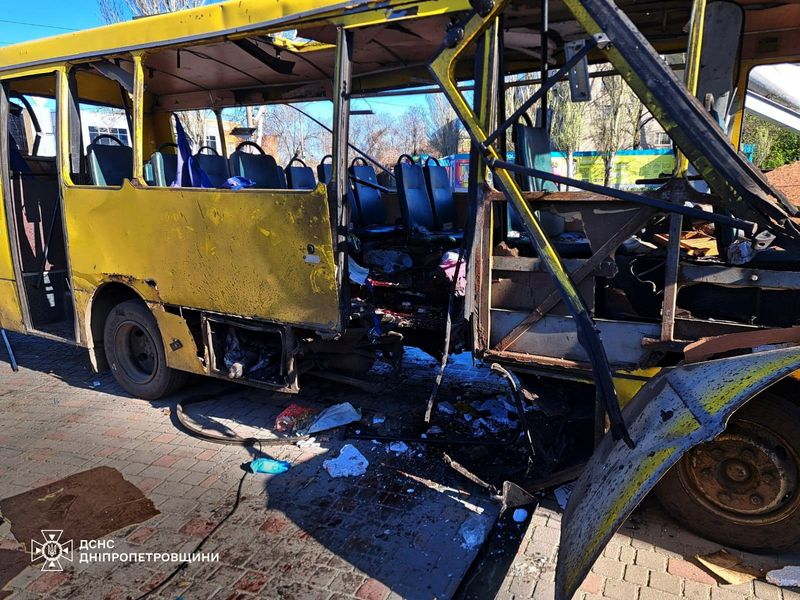 Wreckage of a municipal bus which was hit by a Russian drone in the town of Nikopol, amid Russia's attack on Ukraine, in Dnipropetrovsk region, Ukraine, Tuesday. 