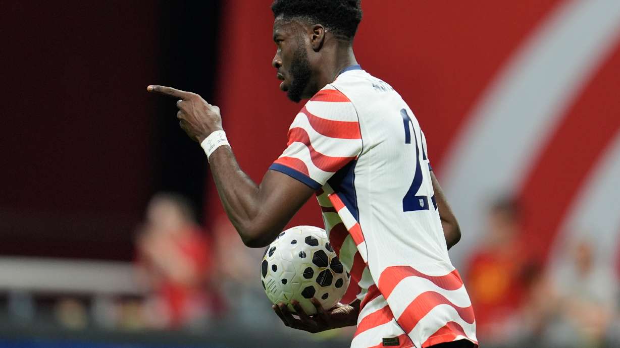 United States' Patrick Agyemang (25) celebrates his goal against Belgium during the second half of an international friendly soccer match, Saturday, March 28, 2026, in Atlanta.