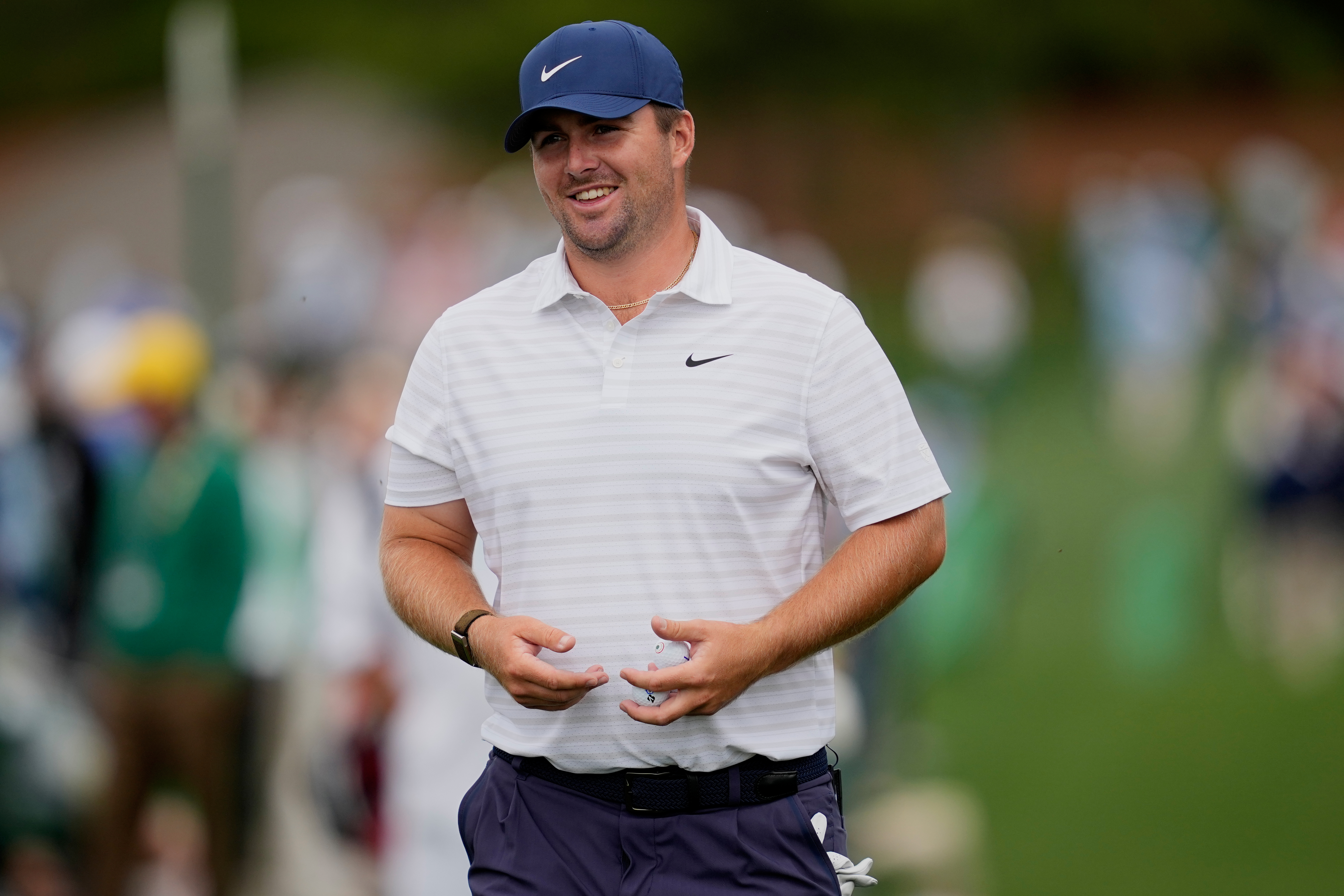 Chris Gotterup stands on the eighth hole during a practice round ahead of the Masters golf tournament at the Augusta National Golf Club, Monday, April 6, 2026, in Augusta, Ga.
