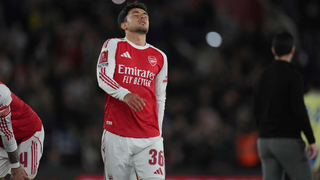 Arsenal's Martin Zubimendi reacts after the English FA Cup quaterfinal soccer match between Southampton and Arsenal in Southampton, England, Saturday, April 4, 2026.