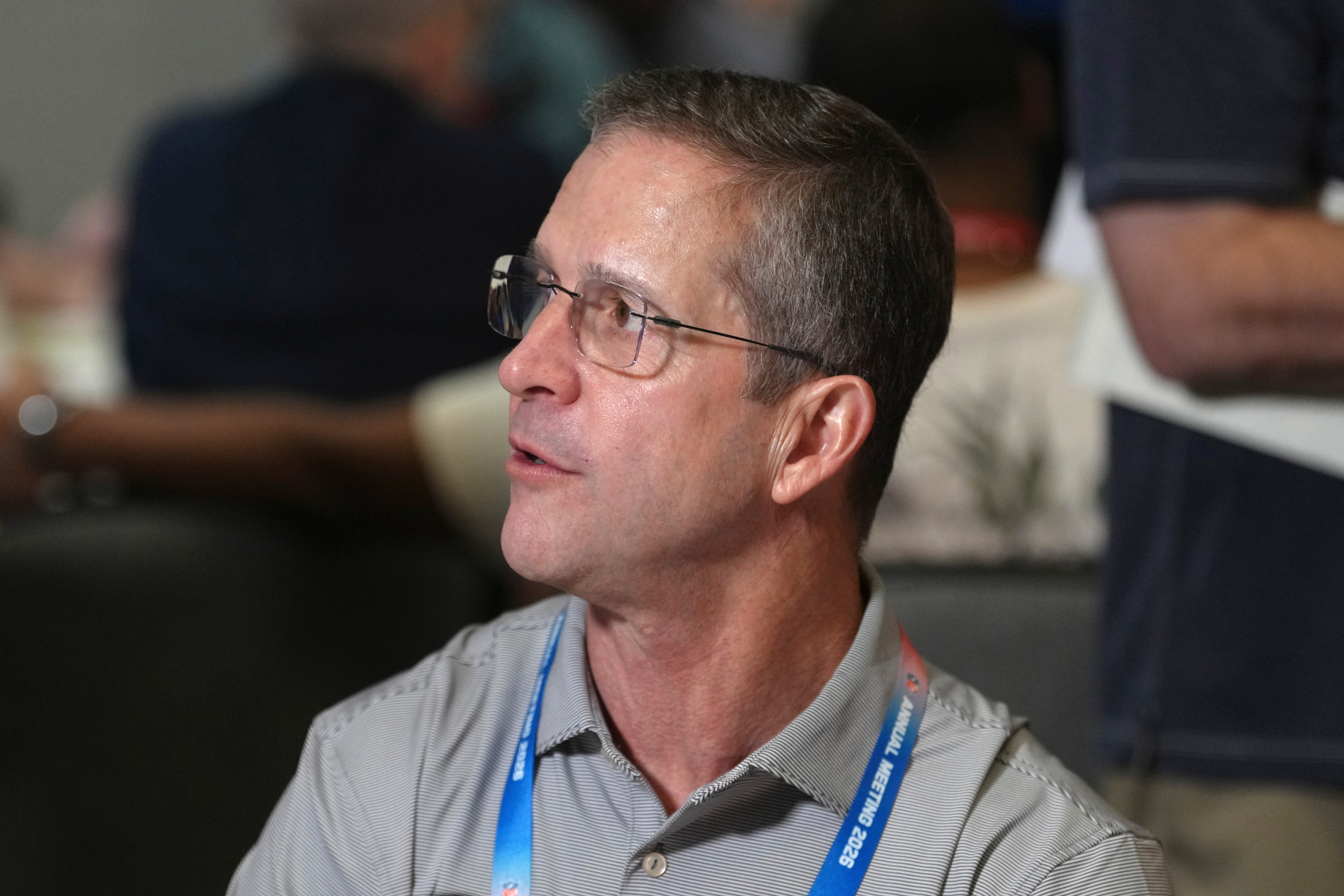 New York Giants head coach John Harbaugh talks with reporters at the annual NFL football meetings, Monday, March 30, 2026, in Phoenix. 