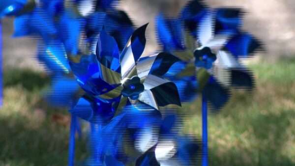 Blue pinwheels for Child Abuse Prevention Month spin outside the West Jordan Justice Court on April 7.