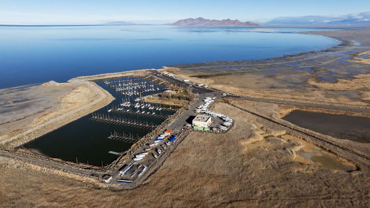 The Great Salt Lake Marina is seen with low water levels at the lake on Jan. 6. President Donald Trump included Utah's request for $1 billion for lake restoration projects in his proposed budget released last week.