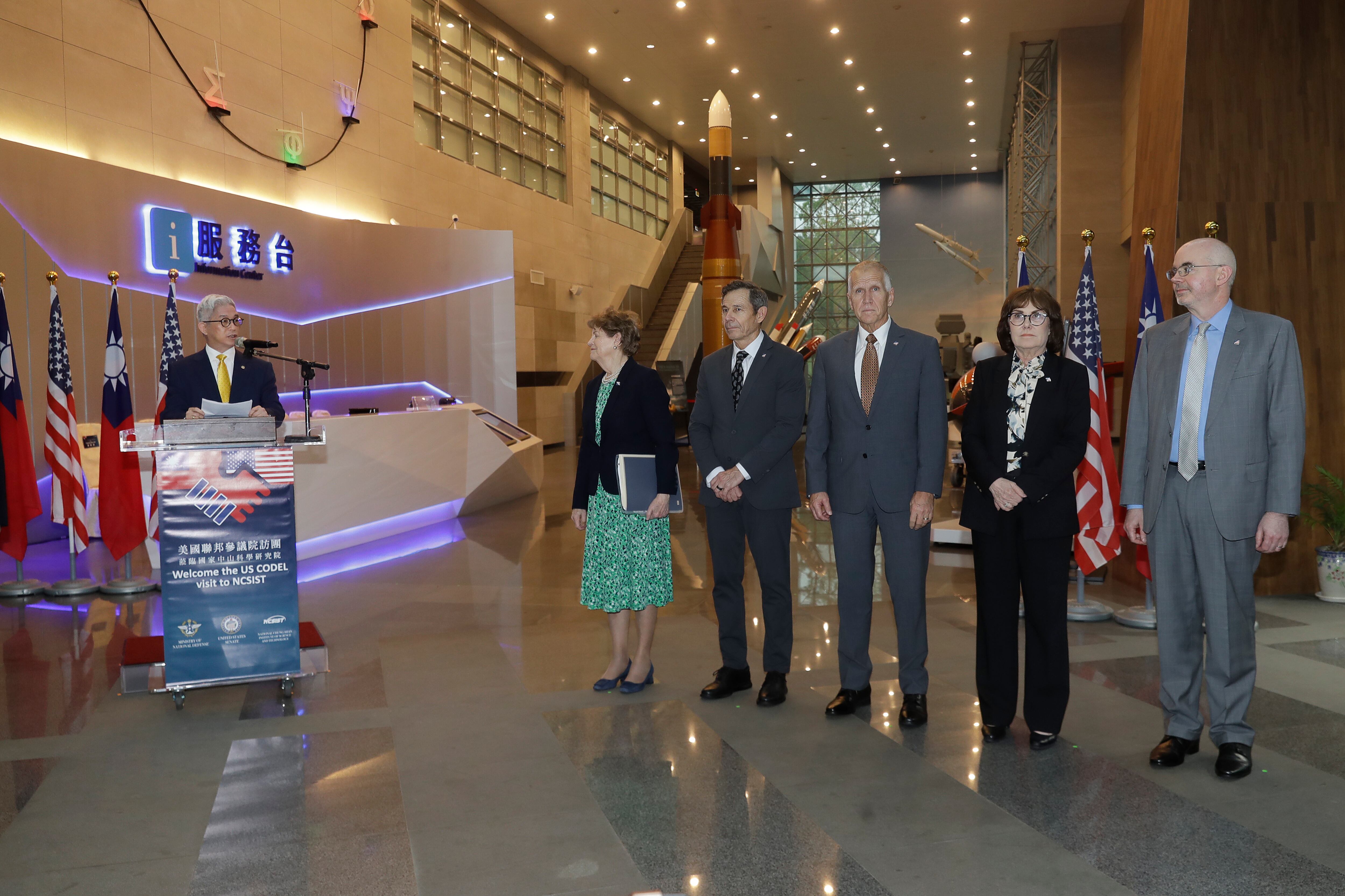 Vice Minister of Taiwan National Defense Ministry Hsu Szu-chien delivers a speech to welcome Sen. Jeanne Shaheen, D-N.H., Sen. John Curtis, R-Utah, Sen. Thom Tillis, R-N.C., Sen. Jacky Rosen, D-Nev., and American Institute in Taiwan Director Raymond Greene visiting the National Chung-Shan Institute of Science and Technology in Taoyuan City, Northern Taiwan, March 30. Curtis said China invading Taiwan is the biggest threat to the global economy.