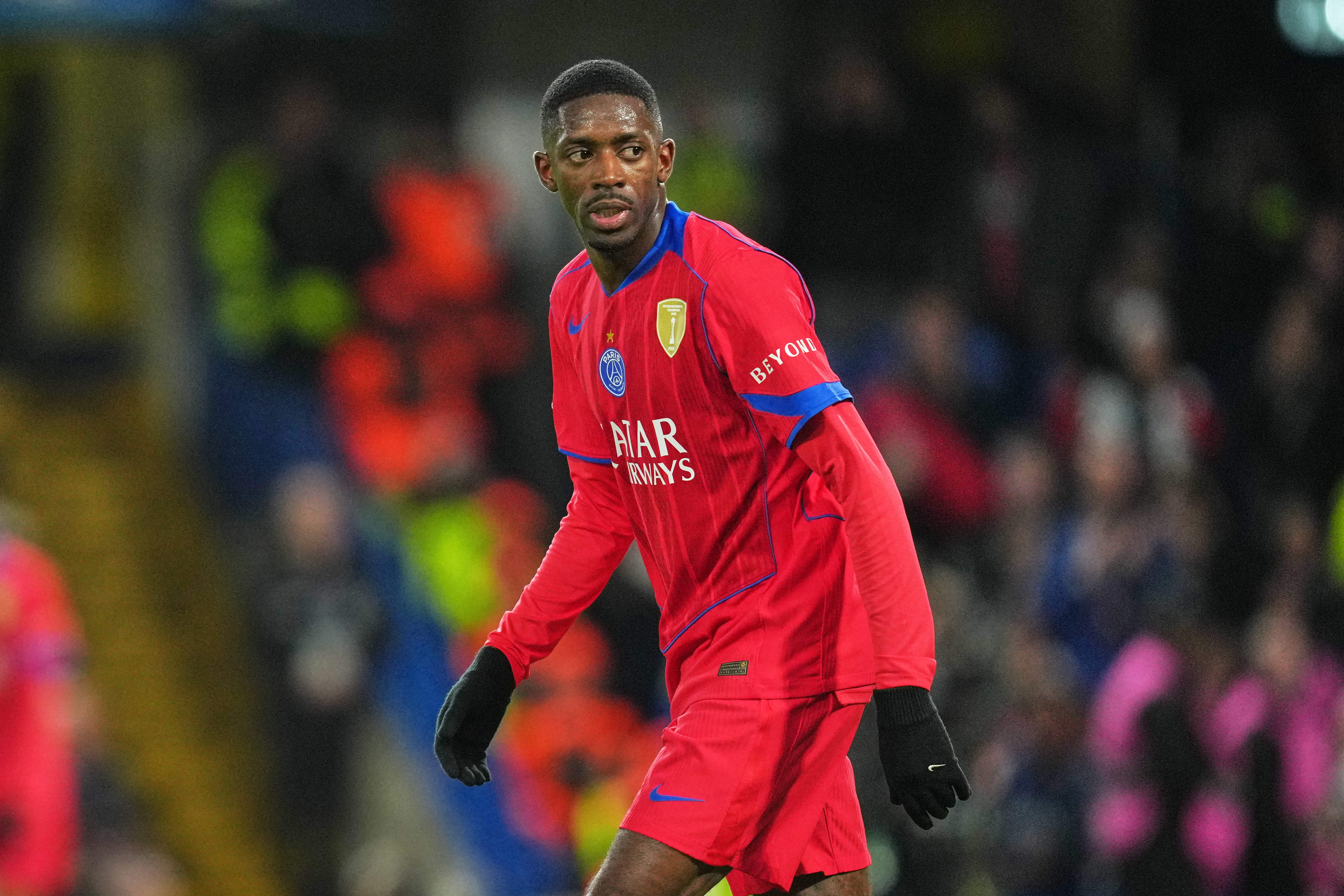 PSG's Ousmane Dembele during the Champions League soccer match between Chelsea and Paris Saint-Germain in London, England, Tuesday, March 17, 2026.