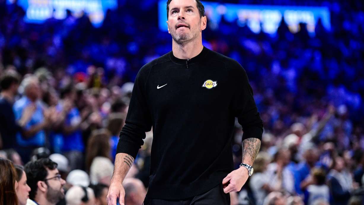 Los Angeles Lakers Head Coach JJ Redick reacts during the first half of an NBA basketball game against the Oklahoma City Thunder Thursday, April. 2, 2026, in Oklahoma City.