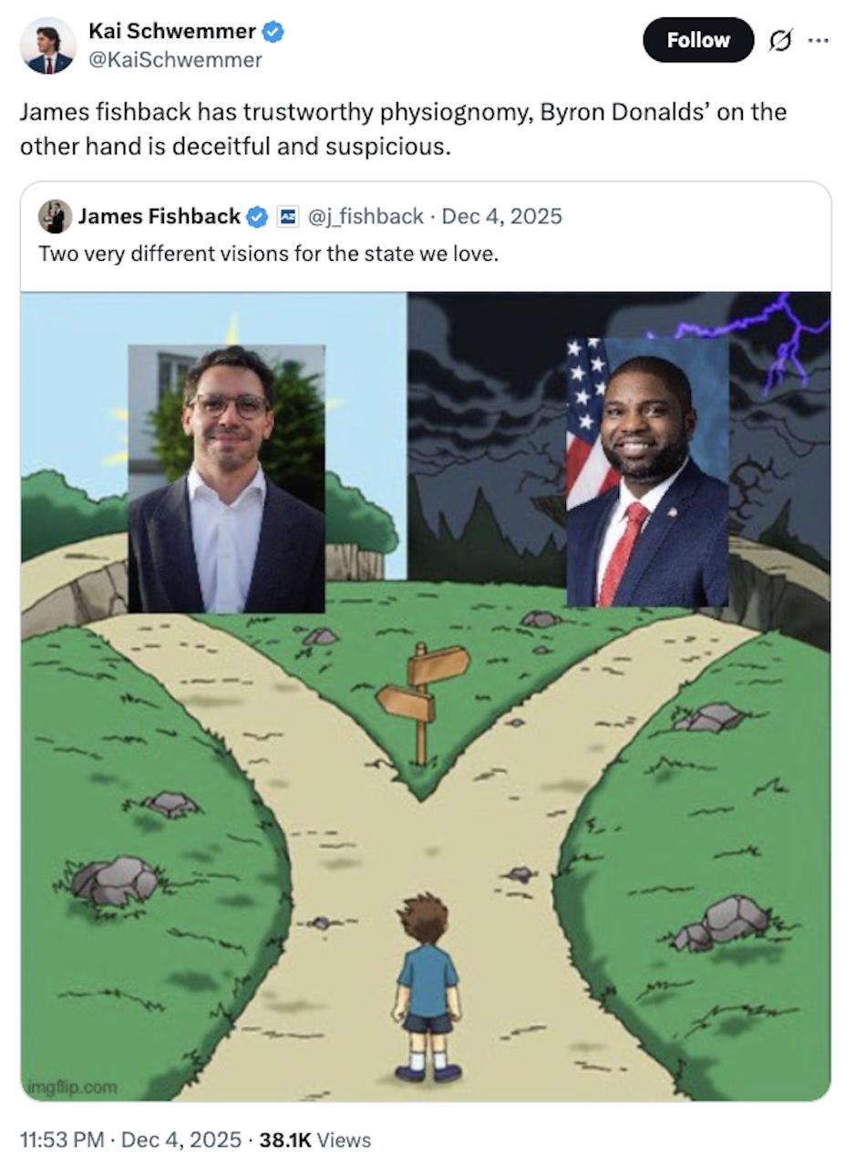 In a December post, Kai Schwemmer compares the physiognomy of two Republican candidates for governor of Florida. Physiognomy refers to discerning one's character based on their outward appearance.