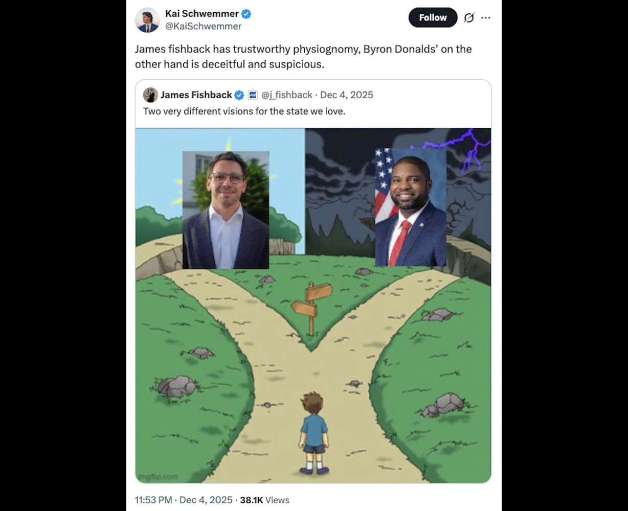 In a December post, Kai Schwemmer compares the physiognomy of two Republican candidates for governor of Florida. Physiognomy refers to discerning one's character based on their outward appearance.