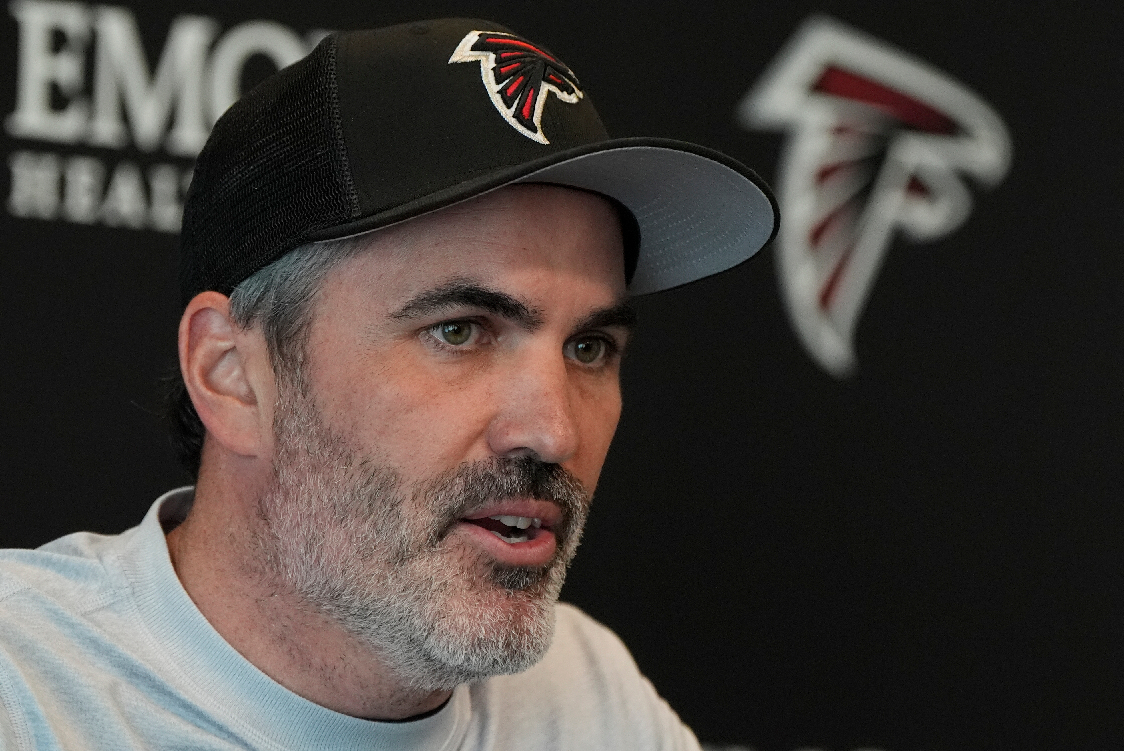 Head Coach Kevin Stefanski speaks during an Atlanta Falcons NFL media availability, Wednesday, April 8, 2026, in Flowery Branch, Ga.