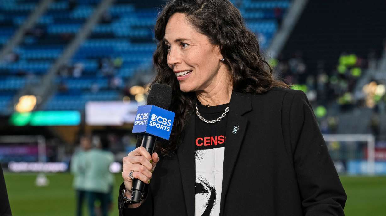 FILE- Sue Bird joins the Attacking Third broadcast before the NWSL women's championship soccer match between NJ/NY Gotham FC and the Washington Spirit, Saturday, Nov. 22, 2025, in San Jose, Calif.