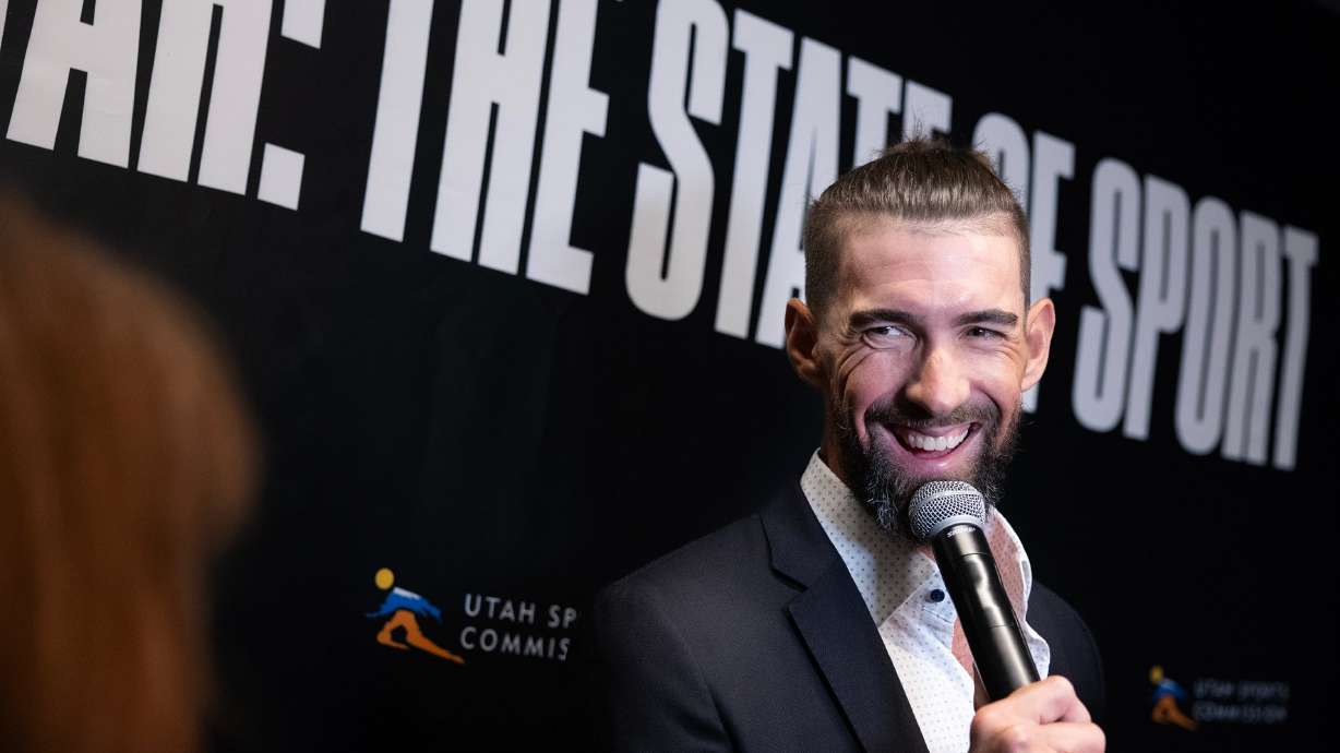 Michael Phelps speaks to reporters prior to the annual Utah Governor’s State of Sport Awards ceremony at the Delta Center in Salt Lake City on Wednesday.