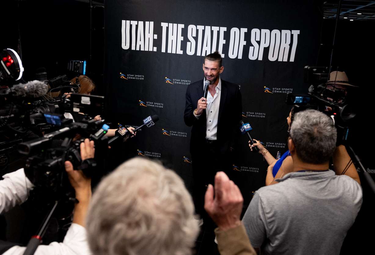 American former competitive swimmer Michael Phelps speaks to reporters prior to the annual Utah Governor’s State of Sport Awards ceremony at the Delta Center in Salt Lake City on Wednesday. Phelps cited his visit to the University of Utah's Huntsman Mental Health Institute Crisis Care Center as the most impactful part of his trip to the state.