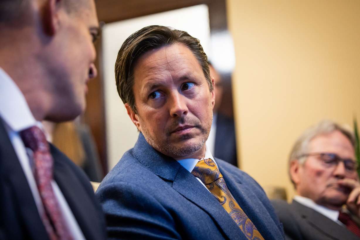 Senate Majority Leader Kirk Cullimore, R-Draper, center, talks with Senate Majority Assistant Whip Mike McKell, R-Spanish Fork, left, during media availability with the Senate at the Capitol in Salt Lake City on March 6.