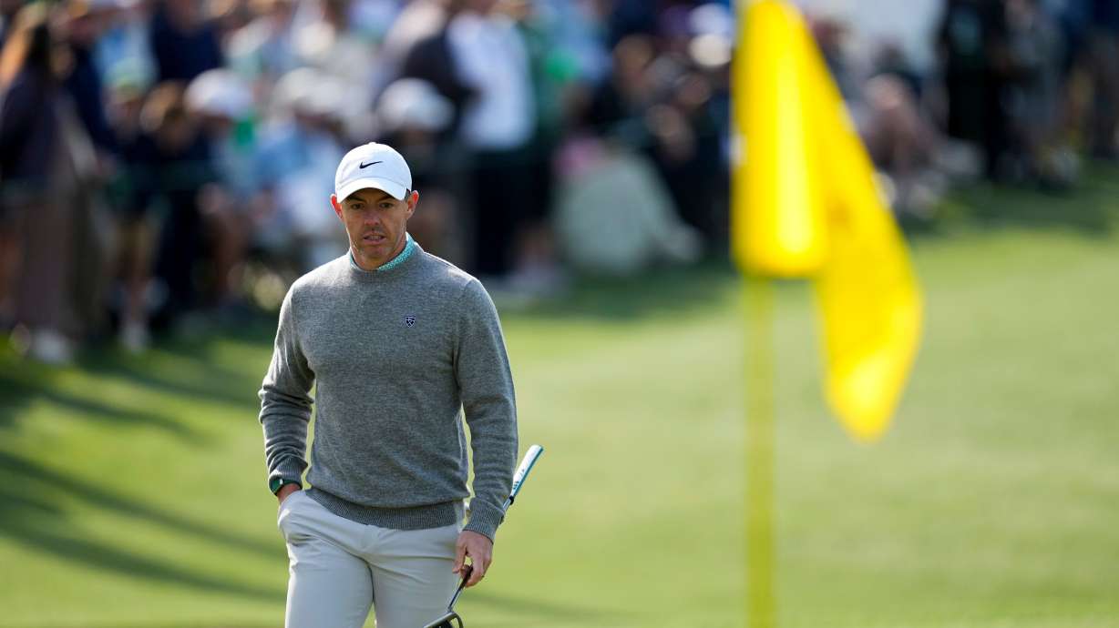 Rory McIlroy, of Northern Ireland, walks to green on the 16th hole during a practice round ahead of the Masters golf tournament at the Augusta National Golf Club, Wednesday, April 8, 2026, in Augusta, Ga.