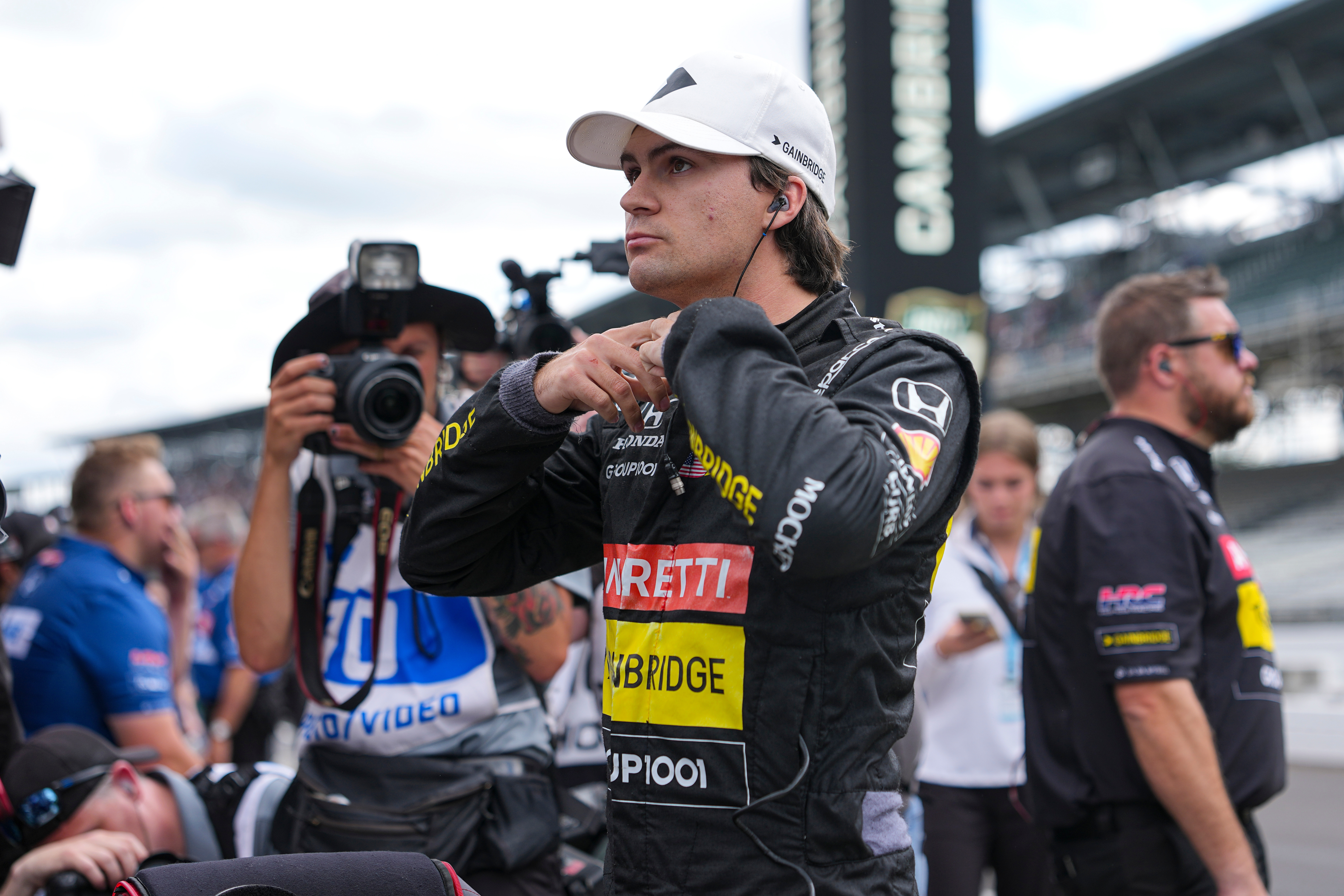 FILE - Colton Herta prepares to drive during qualifications for the Indianapolis 500 auto race at Indianapolis Motor Speedway in Indianapolis, May 17, 2025. 