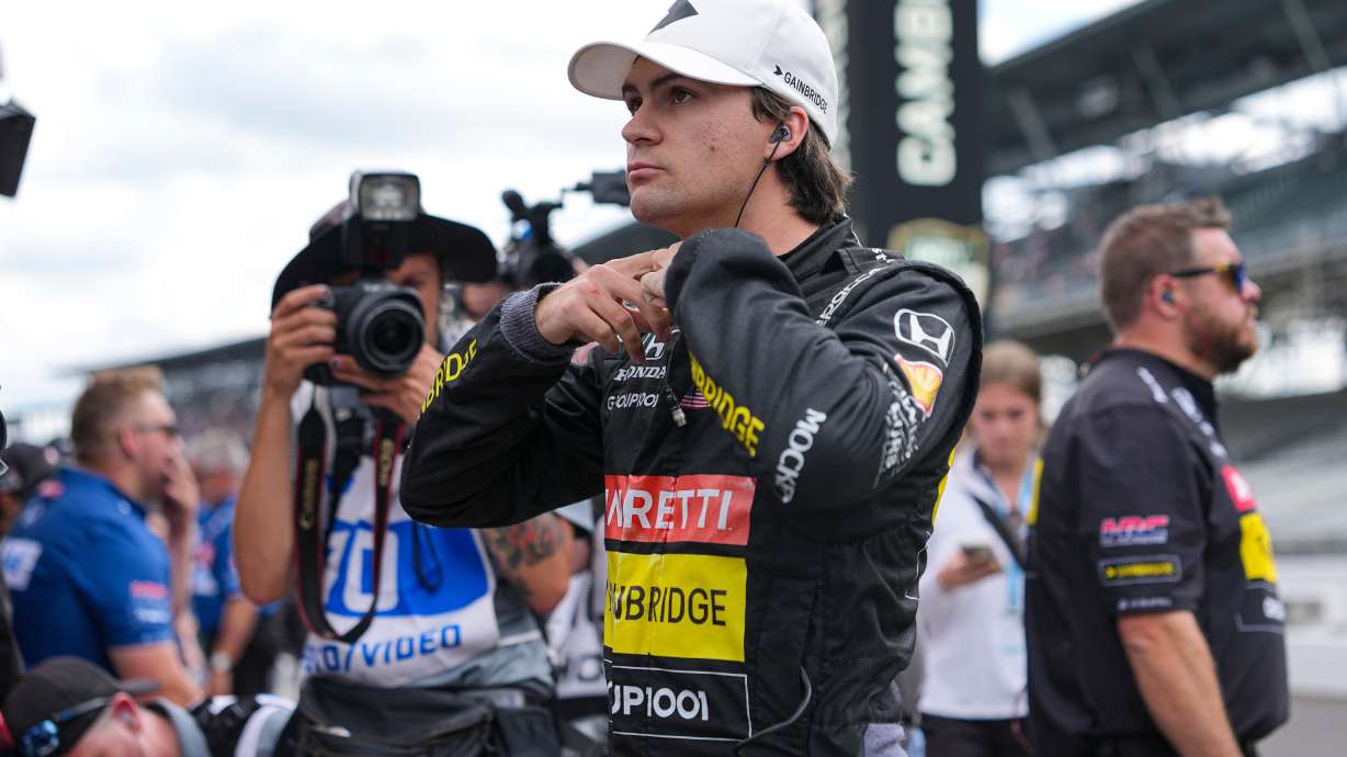 FILE - Colton Herta prepares to drive during qualifications for the Indianapolis 500 auto race at Indianapolis Motor Speedway in Indianapolis, May 17, 2025.