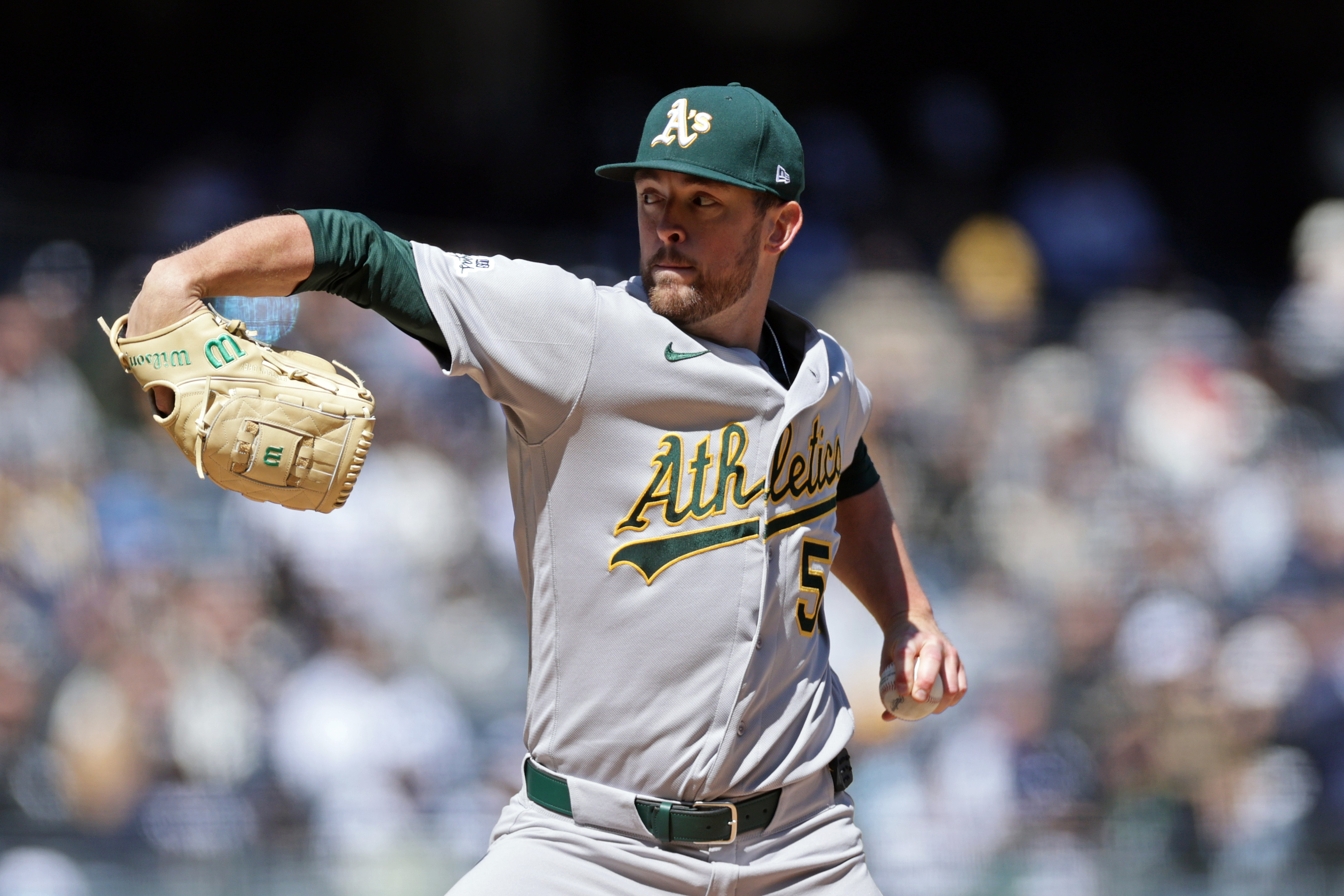A's lefty Jeffrey Springs loses a no-hit bid in the seventh inning against the Yankees