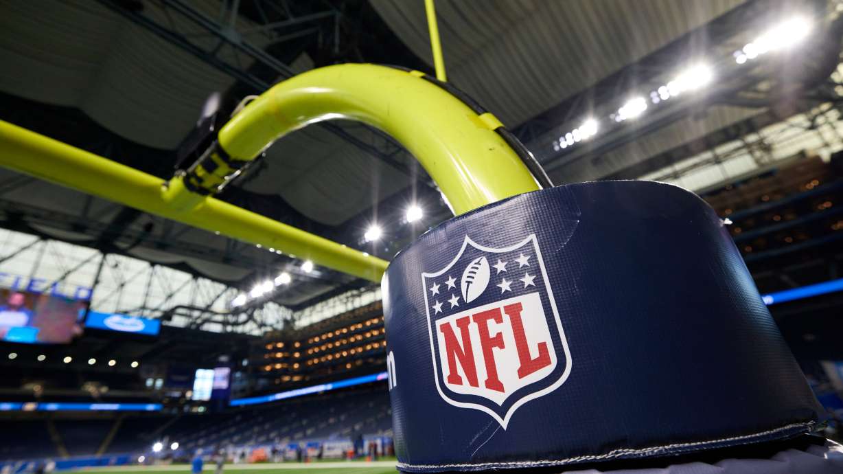 FILE - In this Aug. 13, 2021, file photo, an NFL logo is displayed on a goal post pad during an NFL preseason football game between the Buffalo Bills and Detroit Lions in Detroit.