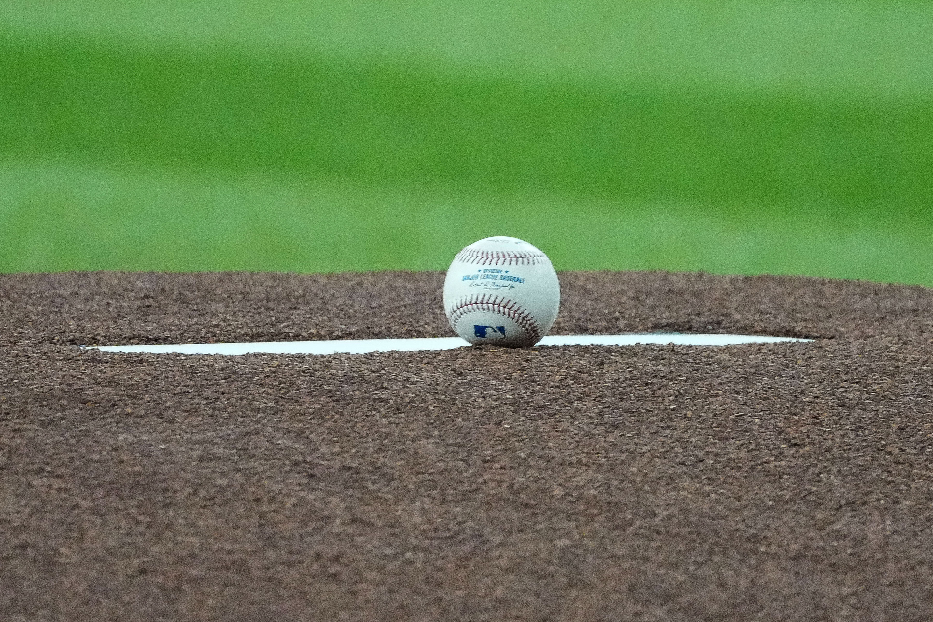 The Arizona Diamondbacks opening-day ball rests on the pitchers mound before their baseball game with the Detroit Tigers Monday, March 30, 2026, in Phoenix. 