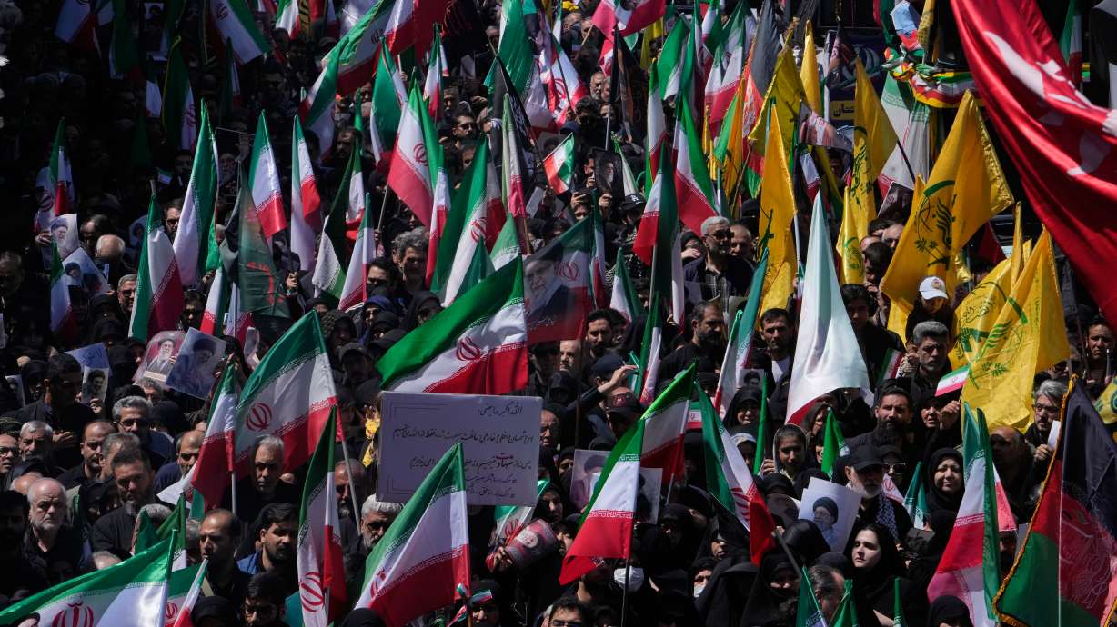 Government supporters gather to mark the 40th day since the death of Supreme Leader Ayatollah Ali Khamenei in Tehran, Iran, Thursday, April 9, 2026.