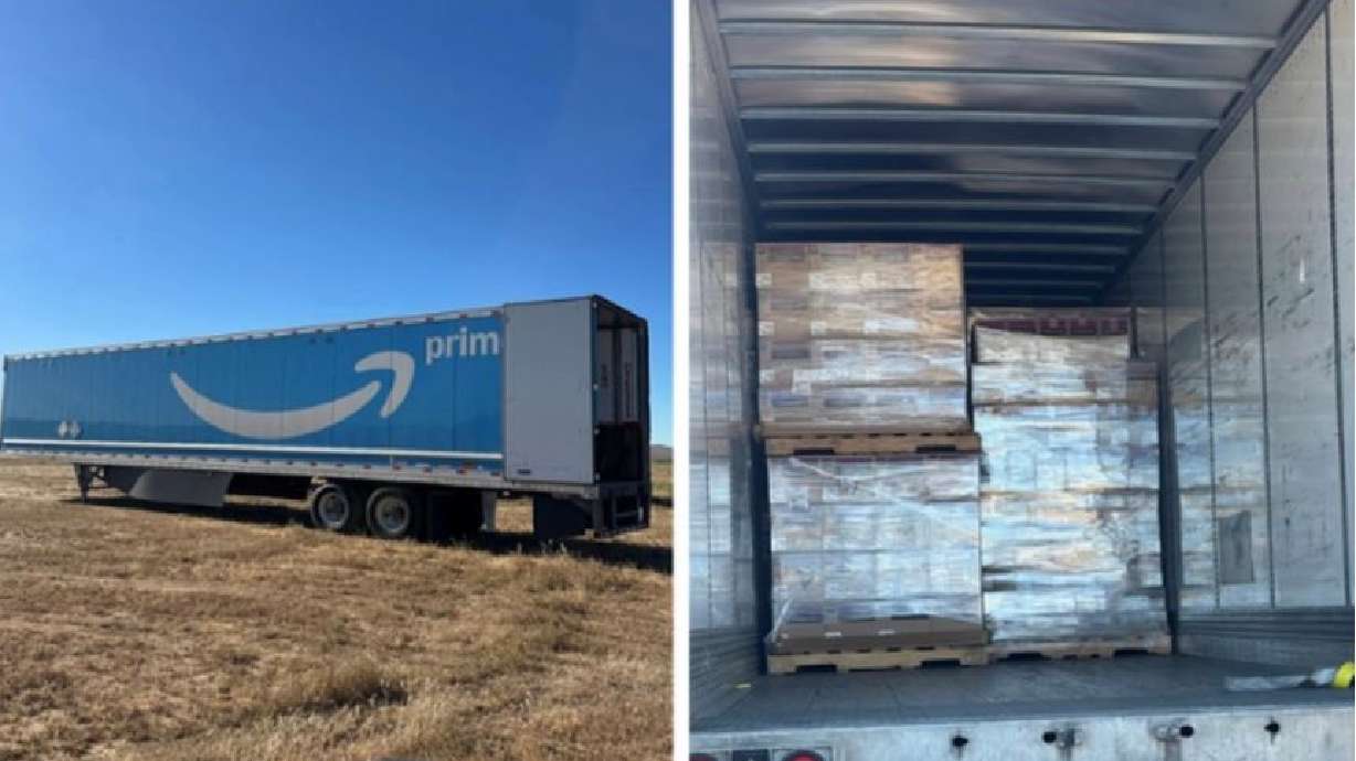 One of the stolen freight trailers and a large amount of Lego products that were allegedly stolen in transit to Southern California from Texas. Three Southern California men were arrested for their alleged part in the heist.