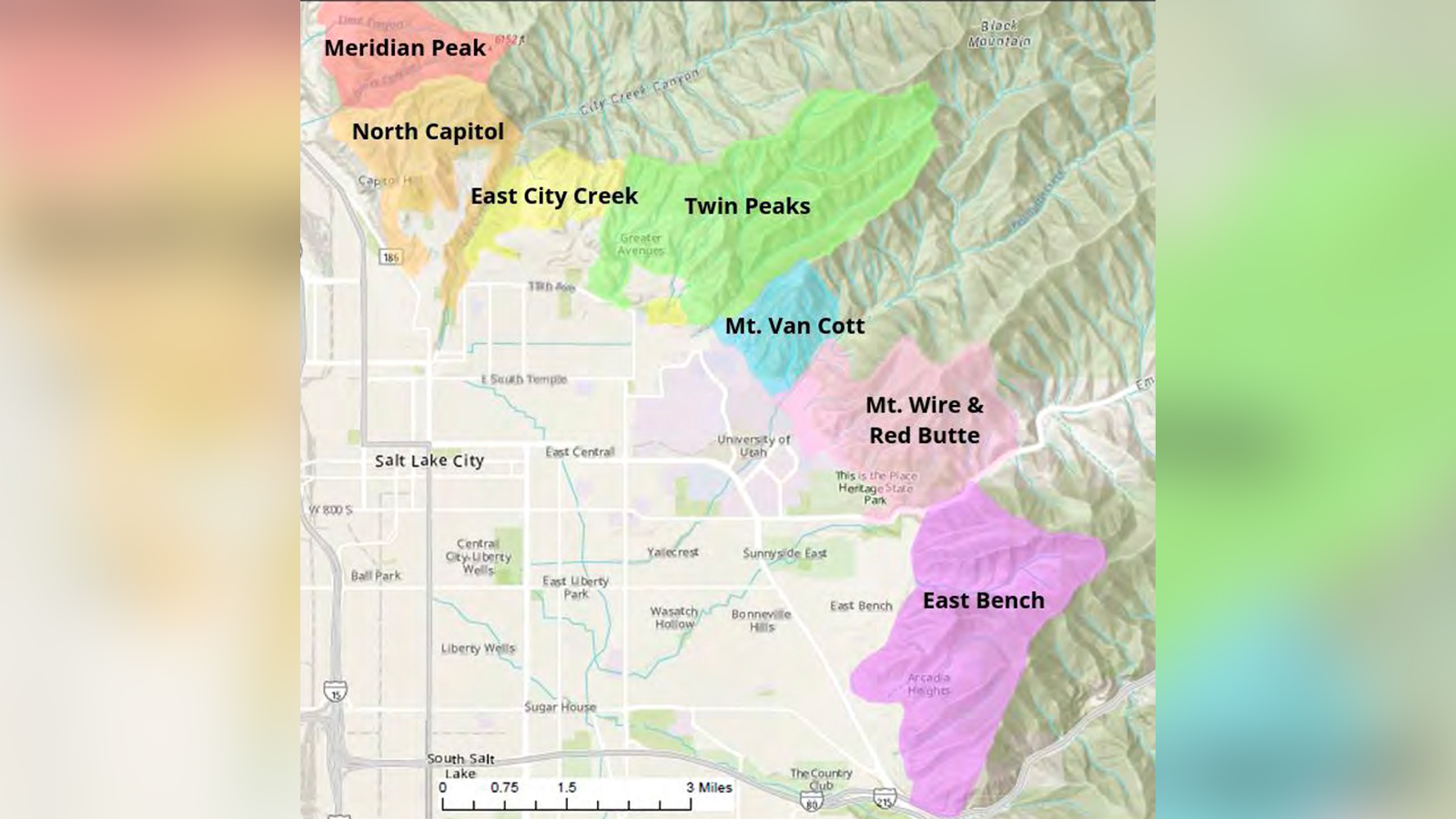 This map shows the seven planning zones used to manage new foothills trails projects.