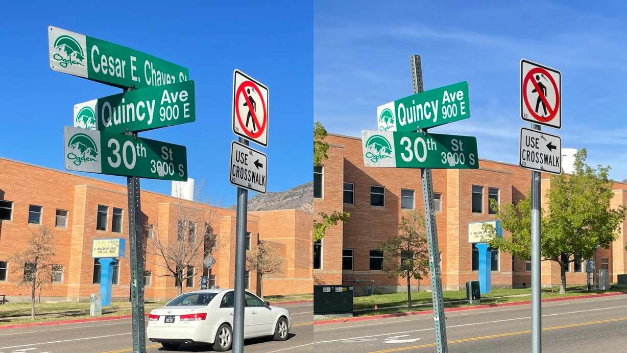 At left, 30th Street in Ogden features a sign for Cesar Chavez on March 19. At right, on Thursday, that sign had been removed. The removal isn't official, however, as city officials determine the best way to move forward.