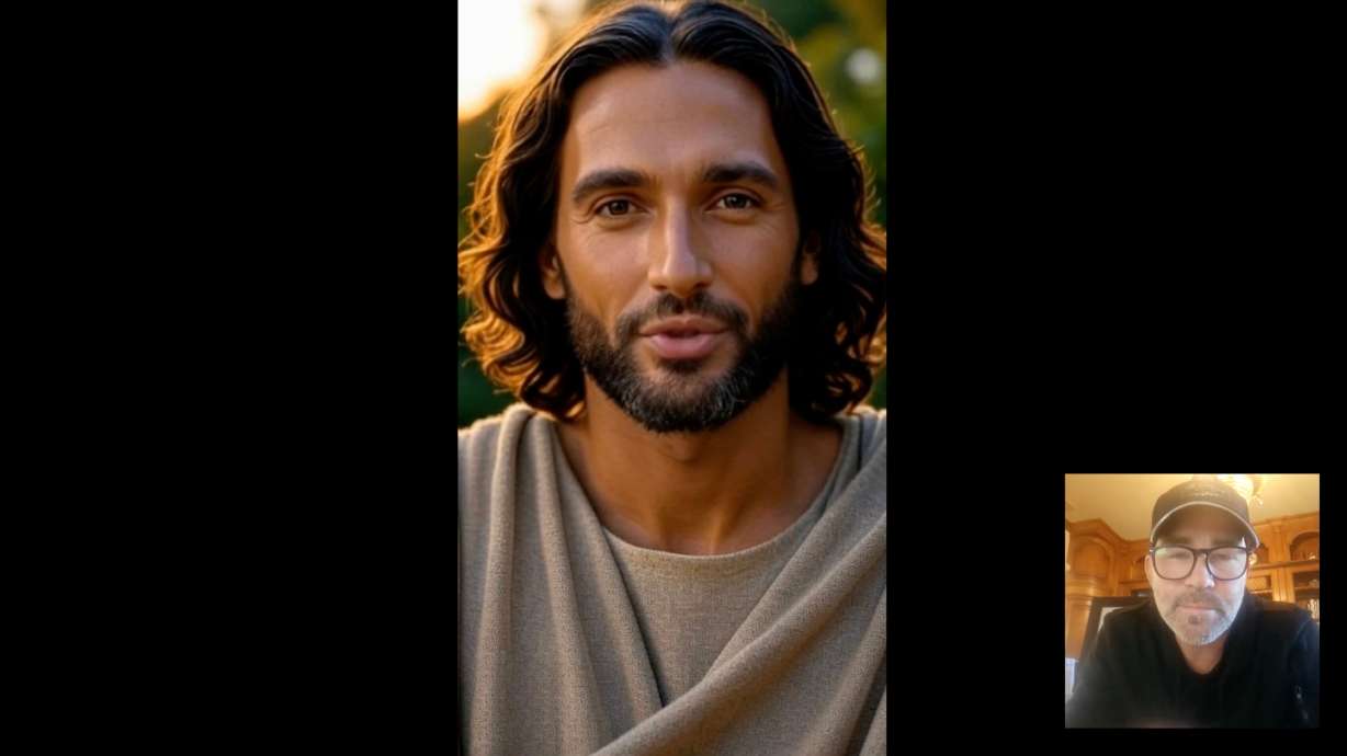 In this image from video provided by Just Like Me in April 2026, the company's co-founder and investor Jeff Tinsley, bottom right, interacts with an AI-generated Jesus.