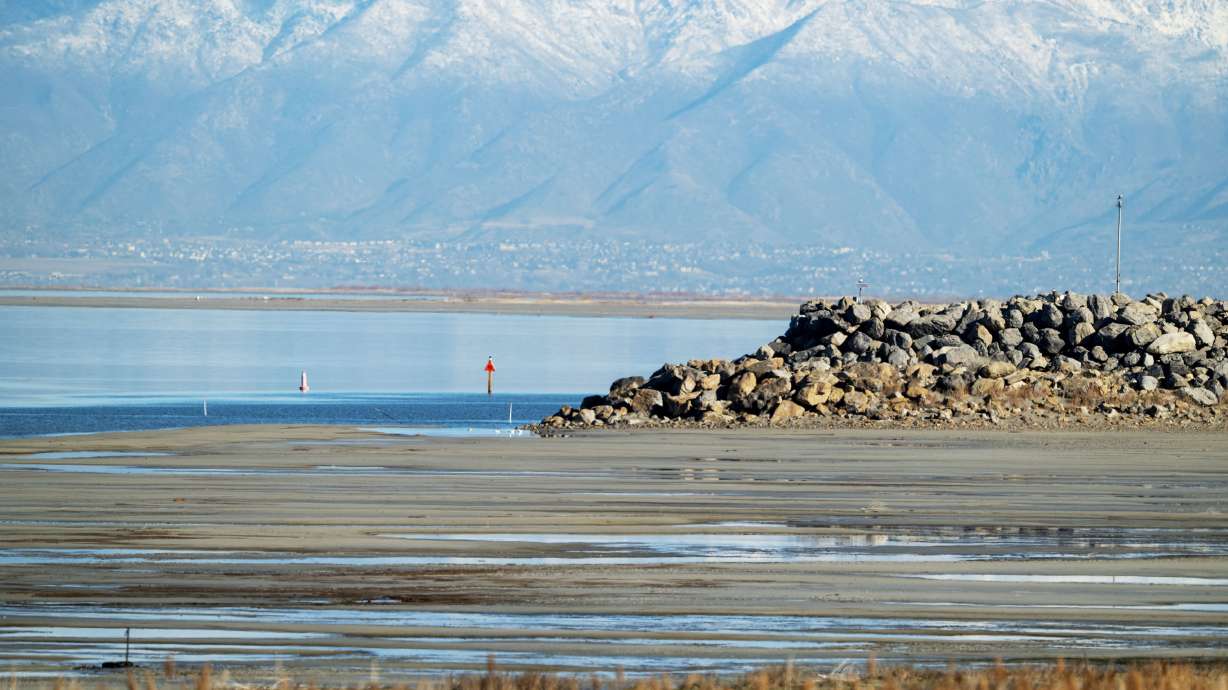 The inlet at the marina at the Great Salt Lake rises up away from the water level in Magna on Jan. 6. A new study found that leafy vegetables exposed to dust from the Great Salt Lake contained elevated levels of multiple toxic elements.