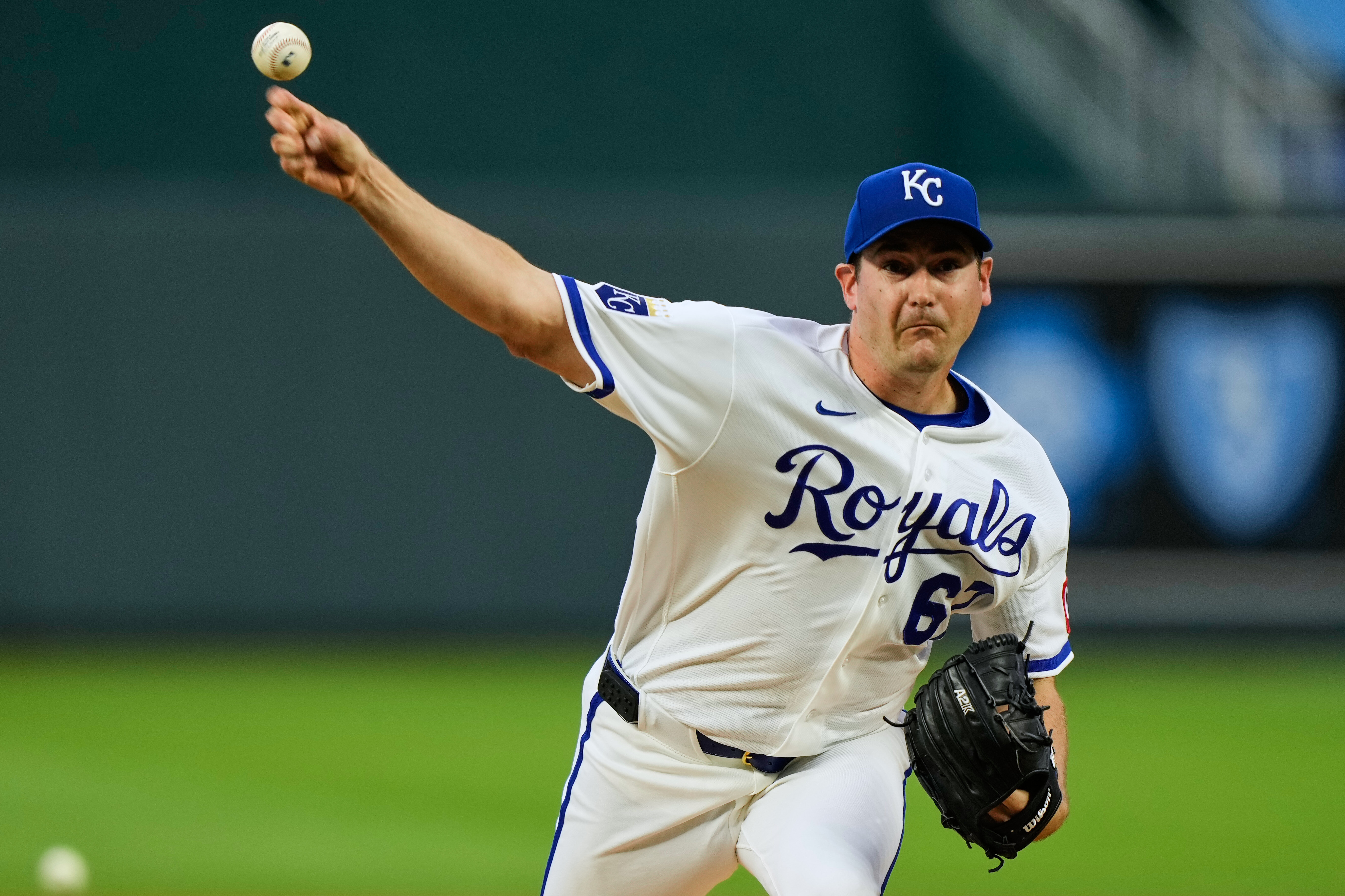 Kansas City Royals starting pitcher Seth Lugo throws during the first inning of a baseball game against the Chicago White Sox, Thursday, April 9, 2026, in Kansas City, Mo. 