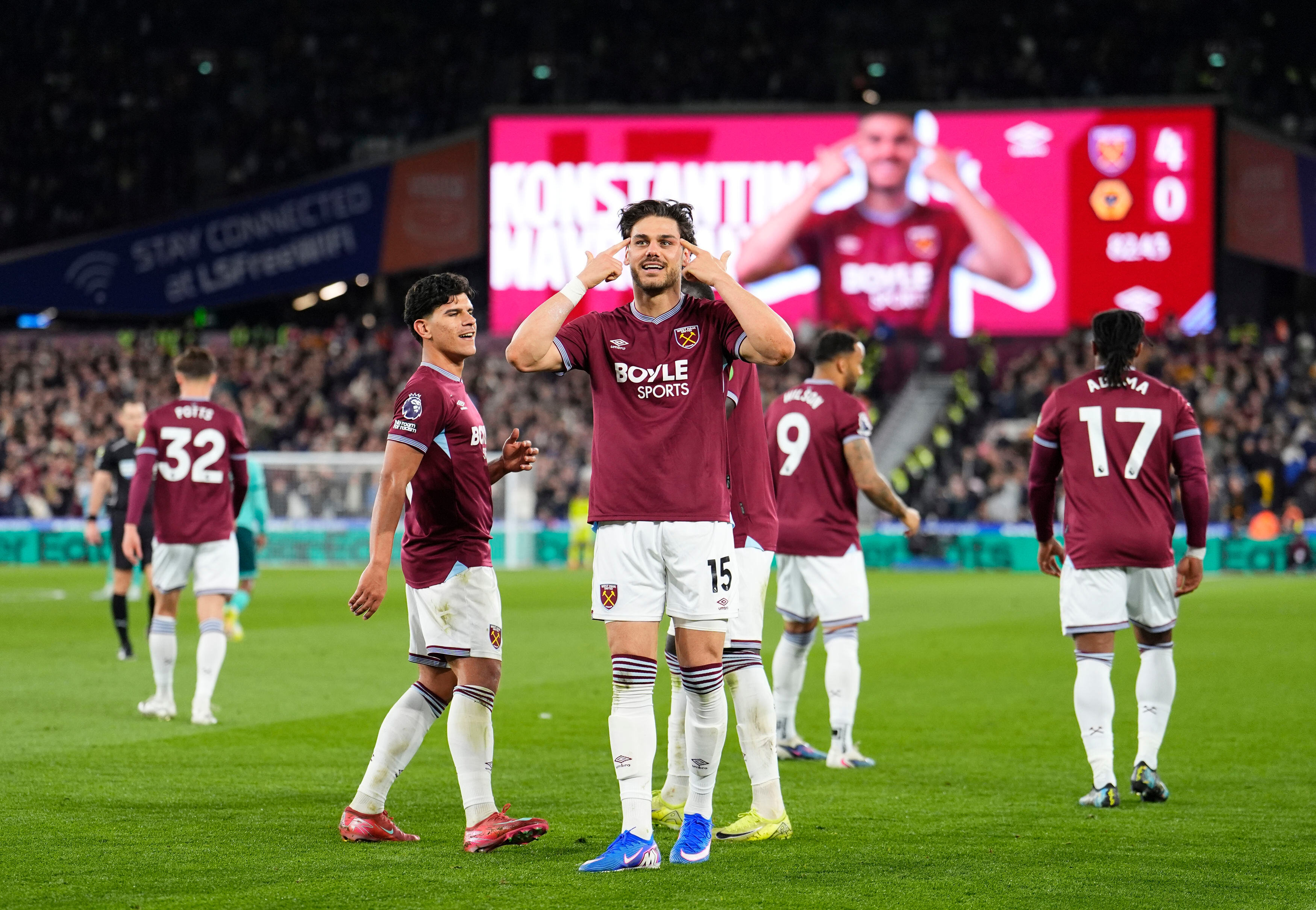 West Ham United's Konstantinos Mavropanos celebrates scoring their side's fourth goal of the game during their English Premier League soccer match against Wolverhampton Wanderers in London, Friday, April 10, 2026. 