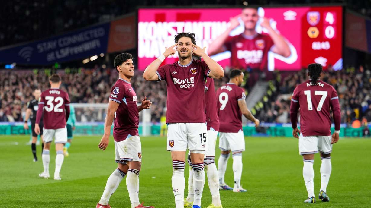 West Ham United's Konstantinos Mavropanos celebrates scoring their side's fourth goal of the game during their English Premier League soccer match against Wolverhampton Wanderers in London, Friday, April 10, 2026.